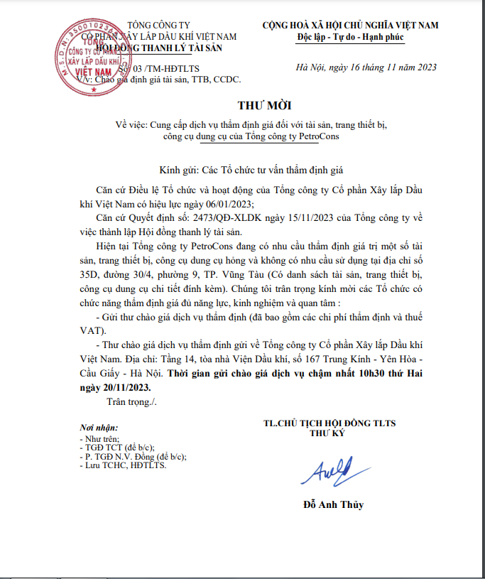 Tổng công ty Cổ phần Xây lắp Dầu khí Việt Nam thông báo về Thư mời chào giá định giá tài sản, TTB, CCDC